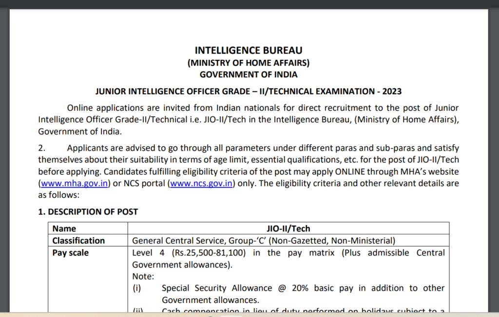 MHA IB /JIO / Technical Technical Result