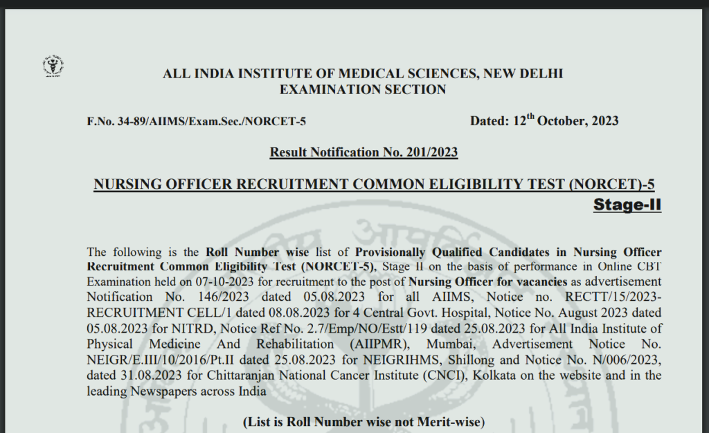 AIIMS NORCET Stage II Result 